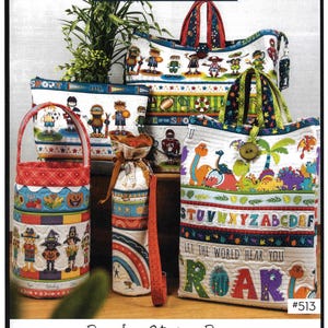 May include: A collection of fabric bags and accessories with colorful designs. The image features a large tote bag with a dinosaur theme, a bottle carrier, and a round bucket. The text "Border Stripe Bags" is visible.