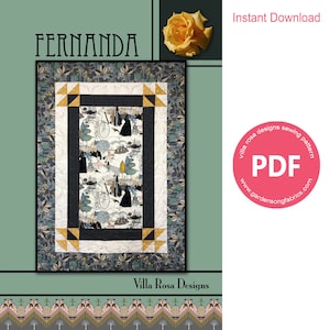 Könnte beinhalten: Ein digitaler Download eines PDF-Musters für eine Quilt namens "Fernanda" von Villa Rosa Designs. Die Quilt hat ein schwarz-weißes Design mit einem floralen Rand. Das Muster ist zum sofortigen Download verfügbar.