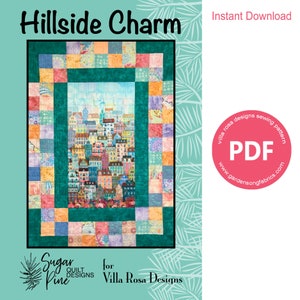 Puede incluir: Un patrón de acolchado digital descargable en formato PDF titulado "Hillside Charm" de Villa Rosa Designs. El acolchado presenta una ciudad colorida con un borde turquesa.