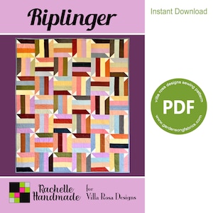 May include: A colorful quilt pattern called "Riplinger" designed by Villa Rosa Designs. The pattern is a geometric design with a variety of colors and shapes. The pattern is available as an instant download PDF.
