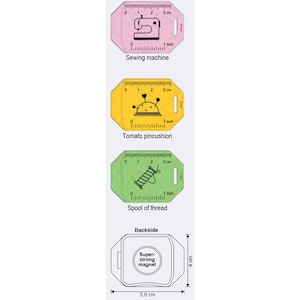 May include: Four octagonal sewing-themed magnets. The pink one shows a sewing machine, the yellow one a tomato pincushion, and the green one a spool of thread. Each has a 3 cm ruler. The white backside shows a 5.6 cm by 4 cm magnet.