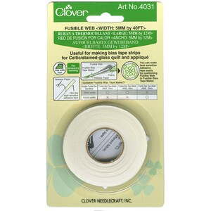 May include: A package of Clover fusible web, 5mm wide by 40 feet long, for making bias tape strips. The packaging includes instructions and diagrams for use with an iron and fusible bias tape maker. The product is designed for Celtic and stained-glass quilt and appliqué projects.