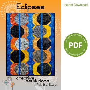 May include: A digital download PDF sewing pattern for a quilt called "Eclipses" by Villa Rosa Designs. The quilt features a geometric design with octagons in shades of orange, yellow, gray, and black on a blue background.