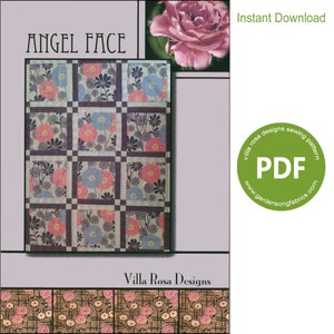 Può includere: Un modello di trapunta intitolato "Angel Face" di Villa Rosa Designs. Il modello presenta una griglia di quadrati con motivi floreali in tonalità di rosa, blu e marrone. Il modello è disponibile per il download in PDF.