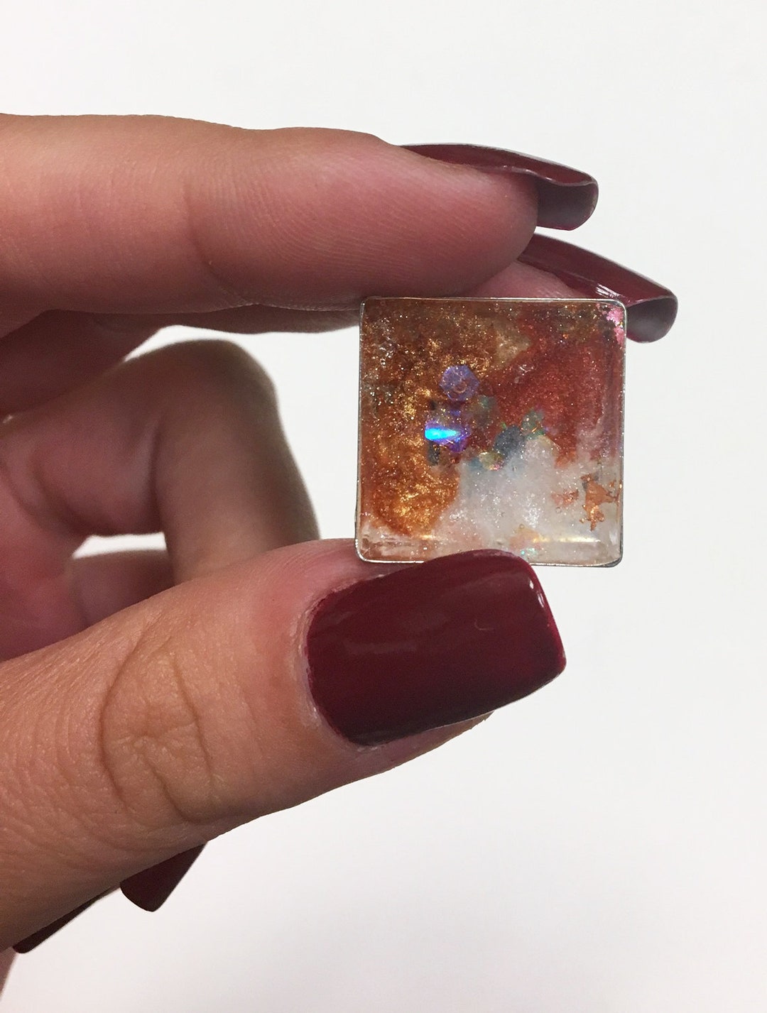 Square Silver Tone Ring With Rust & White Stone RI3 ~ Handmade Unique ...