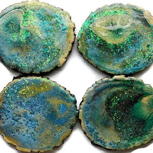 4 pieces Blue & Turquoise Coasters handmade wooden epoxy coasters // Unique Gift