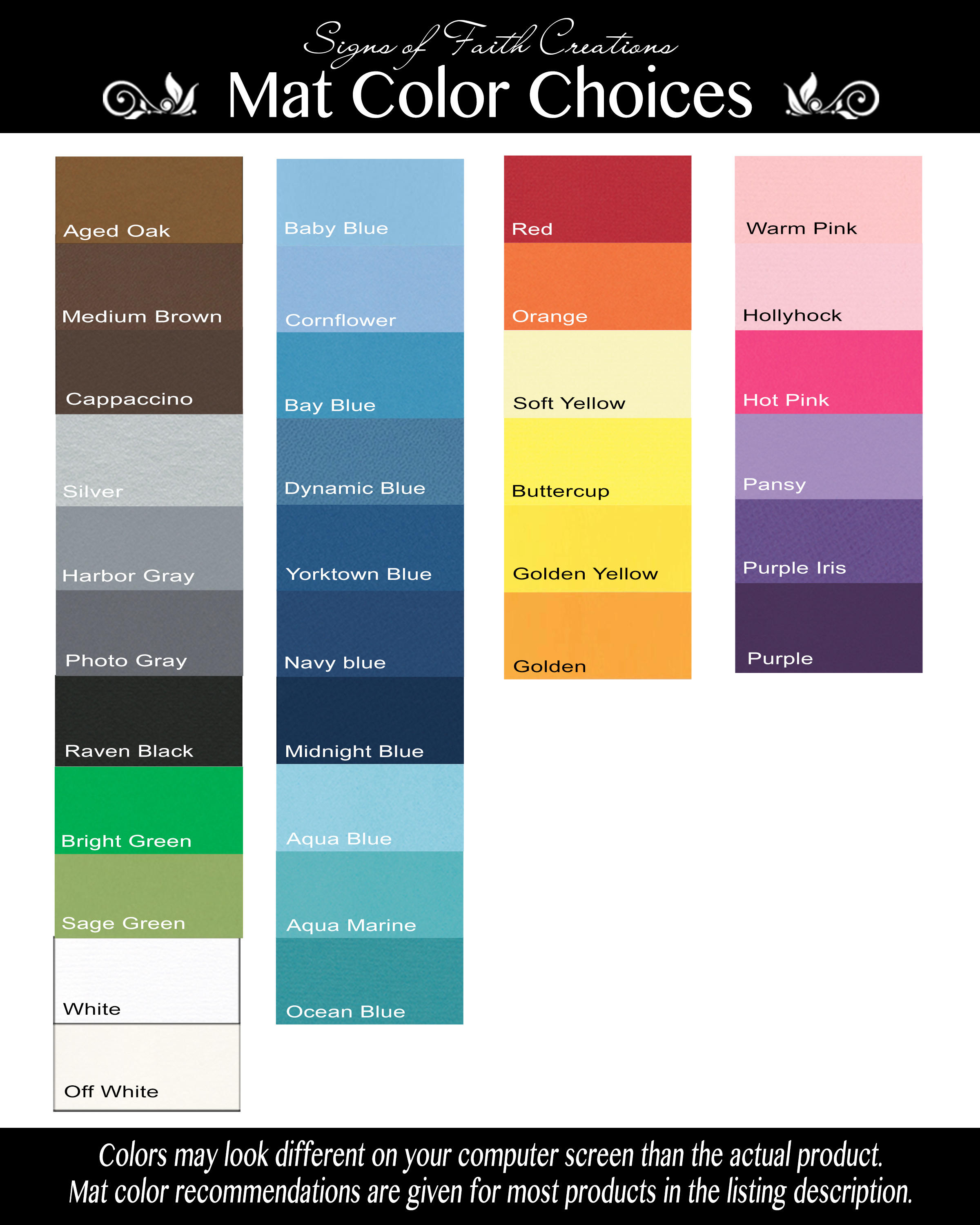 MAT COLOR CHART Not for Sale For informational Purposes Etsy