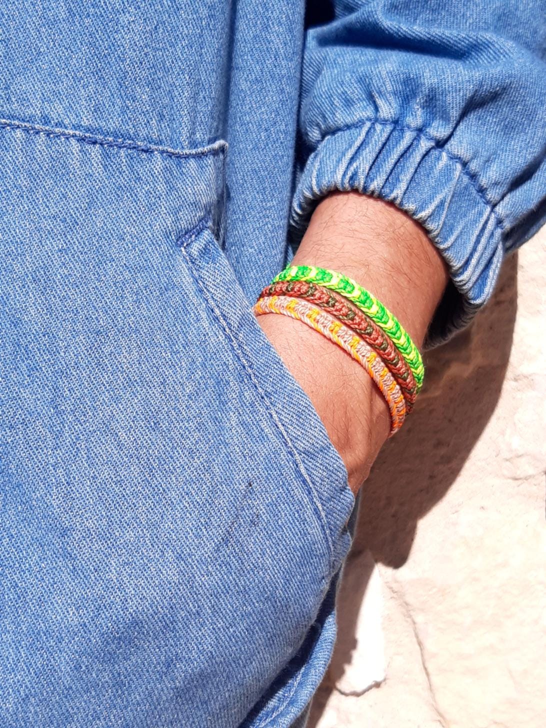 Bracelet Macramé Rouge Et Jaune Ajustable - Fil Ciré Résistant à L'eau - Fait Main En France - Unisexe - 9