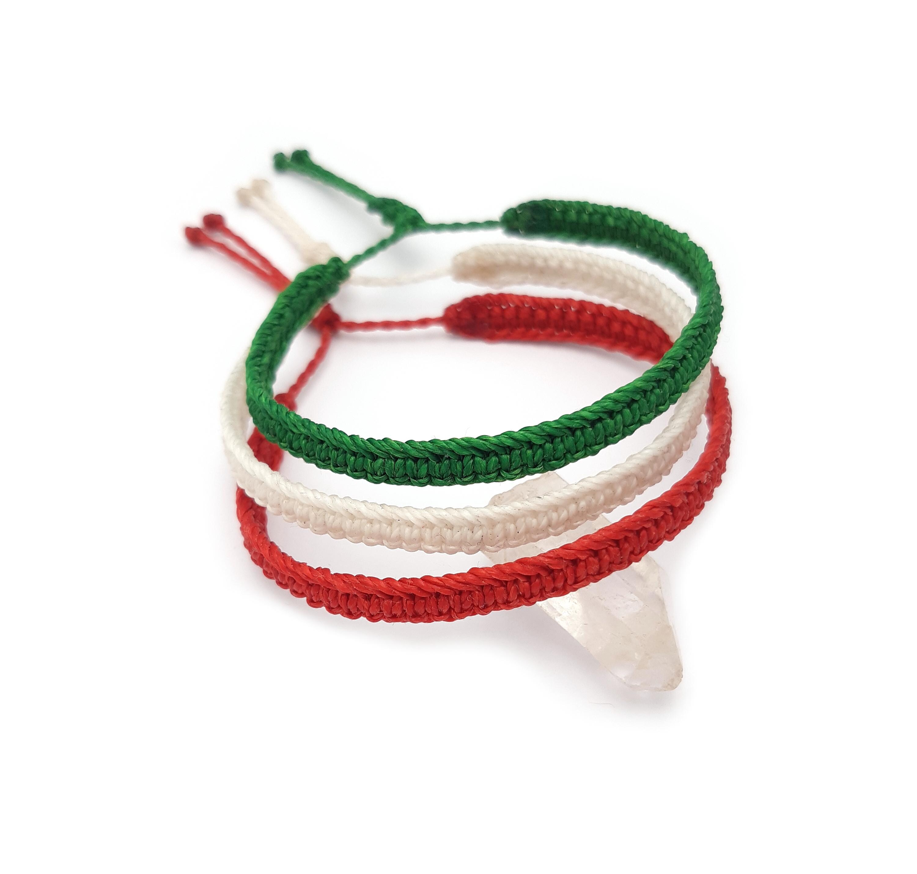 Bracelet Tressé Fil Ciré Vert Blanc Rouge - Ajustable, Résistant à L'Eau, Fait Main En France (Drapeau Italie/Mexique/Algérie)