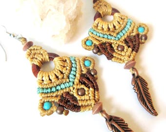 Beige Brown and Blue Turquoise Macrame Earrings with copper, howlite turquoise and wood beads / Handmade Creation