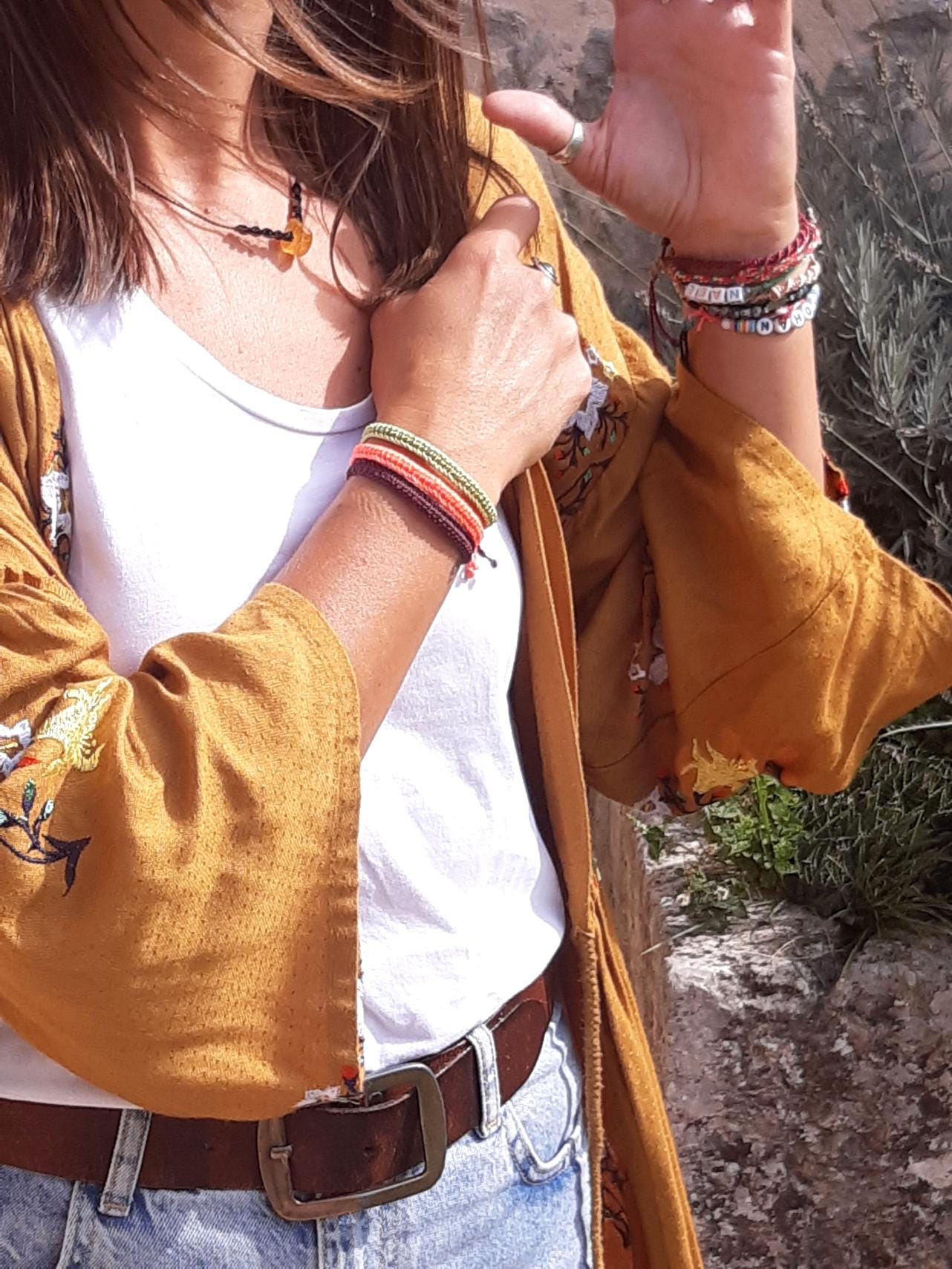 X3 Bracelets Vert Blanc & Rouge Tressés En Macramé Avec Du Fil Ciré