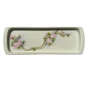 Antique MZ Austria Porcelain Rectangular Tray With Hand-Painted Pink Roses