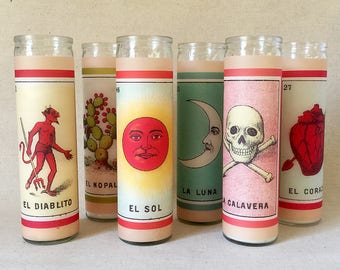 Mexican Loteria Glass Prayer Candles - Mexican folk art design Latin American vintage ephemera glass prayer votive candle