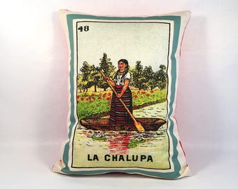 SHIPS FREE: La Chalupa Woman in Boat Loteria Pillow - Vintage Mexican Loteria, Day of the Dead, Dia los Muertos, Loteria Boat Woman