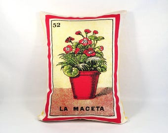 FREE SHIPPING: La Maceta Rose Flower Pot Loteria Pillow - Vintage Mexican Loteria, Day of the Dead, Dia los Muertos, Loteria Flowers