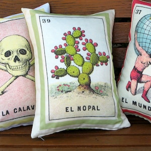 SHIPS FREE: El Nopal Loteria Cactus Pillow - Vintage Mexican Loteria Home Decor, Day of the Dead, Dia los Muertos, Cactus Cushion
