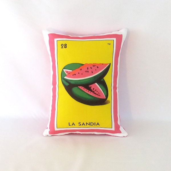 CLEARANCE: Sandia (watermelon) Loteria Pillow Cover with Zipper - Linen Cotton Canvas, Day of the Dead, Dia de los Muertos