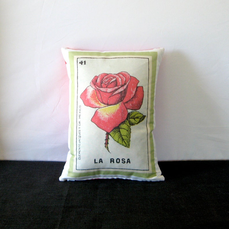 FREE SHIPPING: La Rosa Mexican Rose Flower Loteria Pillow Vintage Mexican Art, Day of Dead, Dia los Muertos, Mexican Pillow image 1
