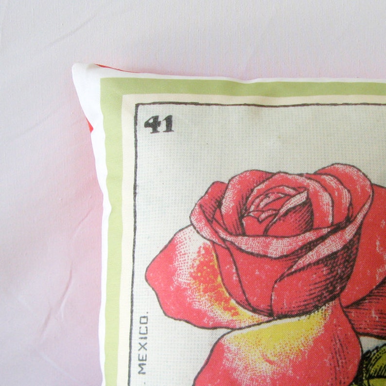 FREE SHIPPING: La Rosa Mexican Rose Flower Loteria Pillow Vintage Mexican Art, Day of Dead, Dia los Muertos, Mexican Pillow image 2