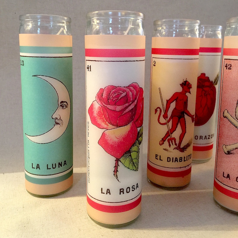 Mexican Loteria Glass Prayer Candles Mexican folk art design Etsy