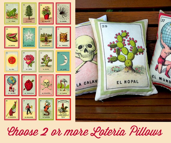 Free Shipping Choose 2 Mexican Loteria Pillows Vintage Day Of The Dead Dia De Los Muertos Mexican Home Decor Loteria Bedroom