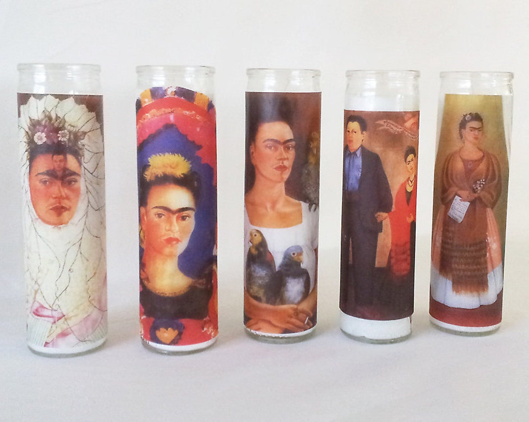 Frida Kahlo Self Portrait Glass Prayer Candles Mexican Style Folk Art Votive Candle, Latin