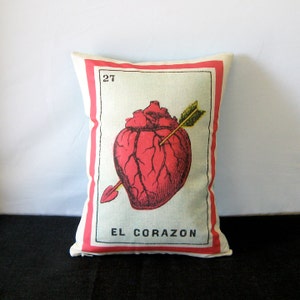 SHIPS FREE: El Corazon Loteria Heart Pillow - Vintage Mexican Loteria, Day of the Dead, Dia de los Muertos, Mexican Heart