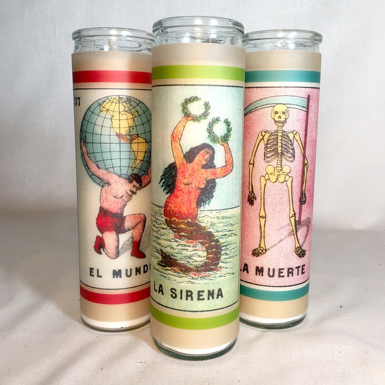 Mexican Loteria Glass Prayer Candles Mexican folk art design Etsy