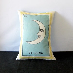 FREE SHIPPING: La Luna Moon Mexican Loteria Pillow - Vintage Mexican Day of the Dead, Mexican Themed Pillow, Dia los Muertos Decor