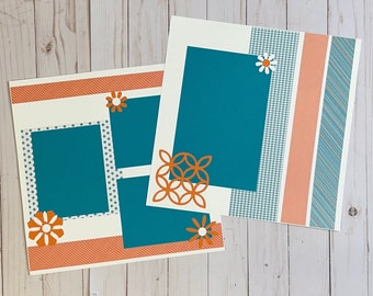 Premade Scrapbook Page, Teal and Pumpkin Colors, 12 x 12 Scrapbook Page, Flower Page, Blank 2 Page Layout-All Occasion Scrapbook Page Layout