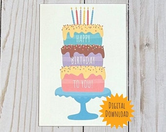 Happy Birthday Card, Birthday Card With Birthday Cake, Birthday Card for Adults and Children, Printable Birthday Card, Happy Birthday To You