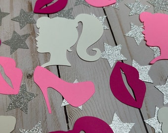 Popular Doll Die Cuts, Pretty In Pink Birthday Party Paper Cut Out, Bachelorette Table Scatter, Pony Tail Girl Head, High Heels, Lips, Stars