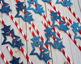 Patriotic Paper Straws: Glitter Star 4th of July Party Decor