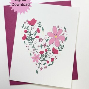 Tarjeta de corazón, tarjeta imprimible para San Valentín, tarjeta imprimible para el Día de la Madre, tarjeta imprimible para cumpleaños, tarjeta de aniversario, plantilla de sobre adicional