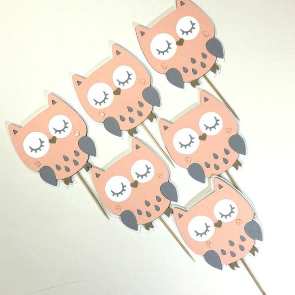 Set of 6 Owl Cupcake Toppers, Woodland Owl Topper, Baby Shower Cupcake Topper, Birthday Cupcake Topper, Owl Themed Party
