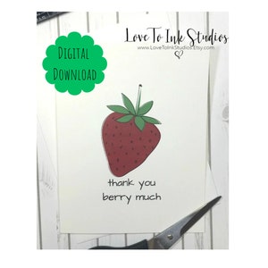 Biglietto d'auguri stampabile con fragole, stampa il tuo biglietto di ringraziamento, biglietto d'auguri "Grazie mille", biglietto fai da te