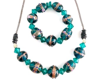 Teal Green Lampwork Beads Jewelry Set