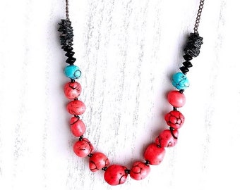 Coral & Mint Dyed Turquoise Nuggets Necklace