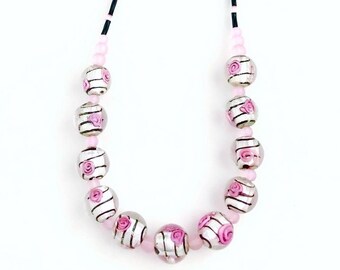 Pink Roses & Silver Stripes Beaded Necklace for Girls