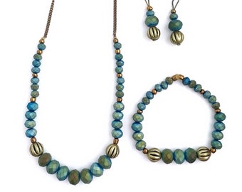 Metallic Green Blue & Gold Beaded Jewelry Set