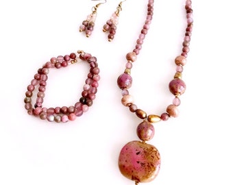 Shades of Pink Ceramic and Rhodonite Stone Beads Jewelry Set