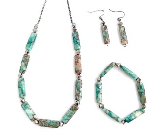 Aqua Blue & Brown Semiprecious Stones Jewelry Set