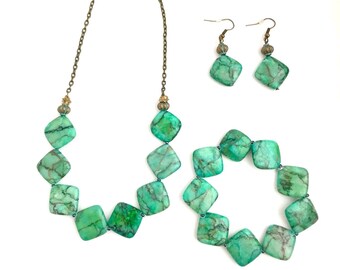 Aqua-Green Semiprecious Stones Beaded Jewelry Set