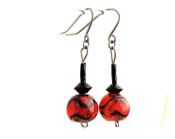 Red & Black Glass Swirl Beads Earrings