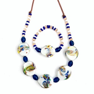 Unique White Blue & Goldstone Style Beaded Jewelry Set