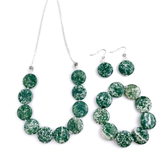 Green Tree Agate Stone Beaded Jewelry Set