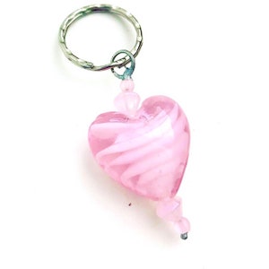Pink Stripe Heart Lampwork Glass Bead Keychain
