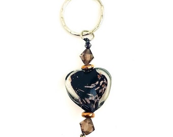 Black & Gold Heart Glass Bead Twist Keychain