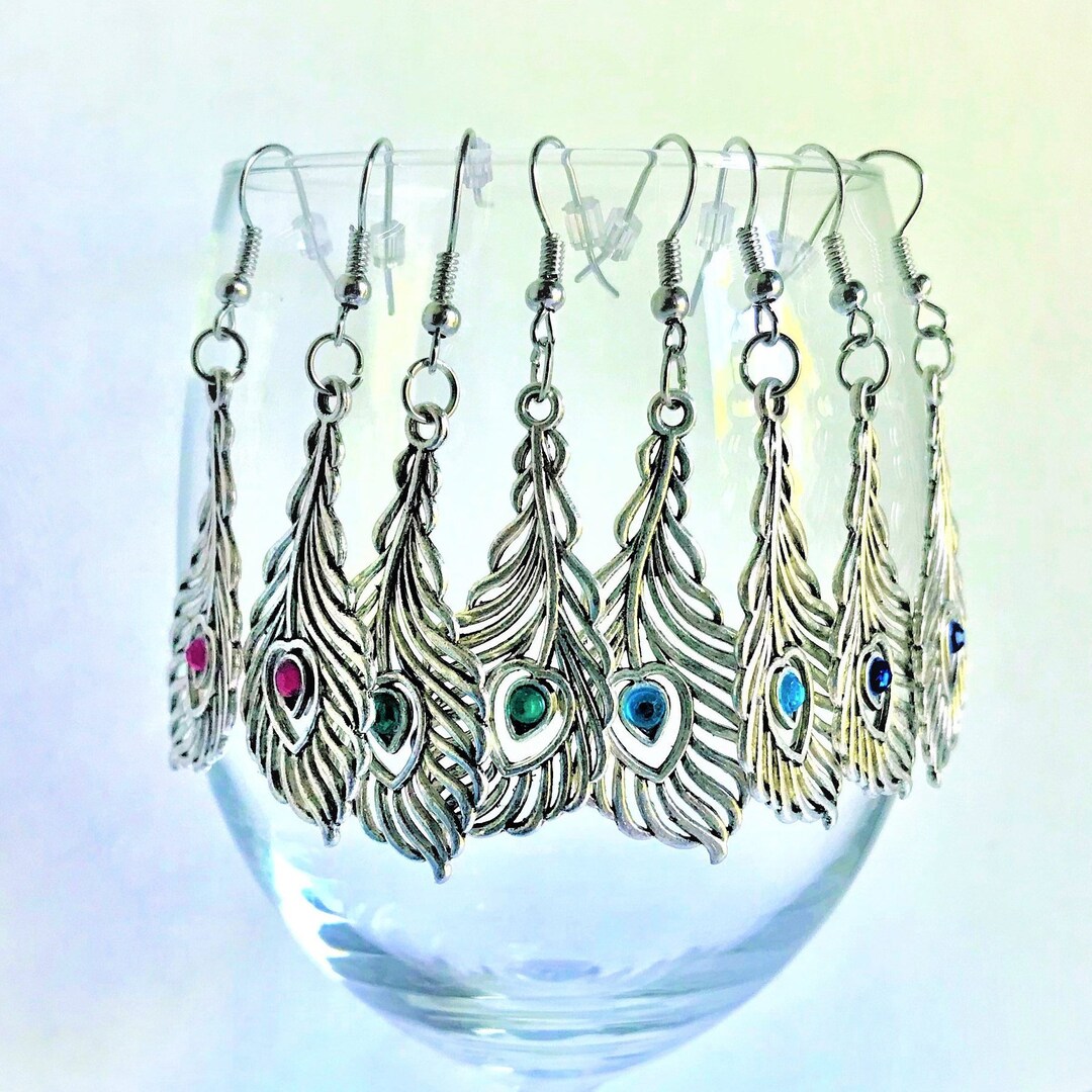 Silver Peacock Feather Charm Earrings Etsy