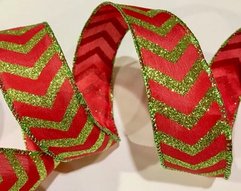 5 yards 2 12 inch wide High Quality Christmas Red and Lime Green Glitter Chevron Wired Edge Ribbon Length is continuous and Seamless!